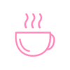 Ein minimalistisches rosa Icon einer dampfenden Kaffeetasse.