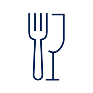 Ein minimalistisches Symbol eines Bestecks und Weinglases.