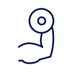 Ein minimalistisches Liniensymbol eines starken Bizeps mit deutlicher Kontur auf transparentem Hintergrund.