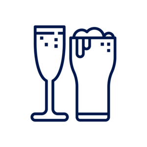 Zwei stilisierte Gläser, ein Sektglas und ein Bierglas.