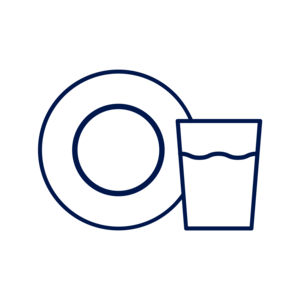 Ein minimalistisches Symbol eines Tellers mit einem Wasserglas im Vordergrund.