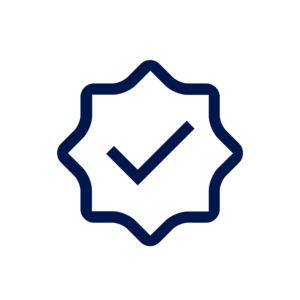Ein Symbol im Stil eines Auszeichnungszeichens mit einem Häkchen in der Mitte auf transparentem Hintergrund.