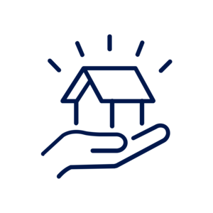 Das Icon zeigt eine offene Hand, auf der ein Haus mit strahlenden Linien platziert ist.