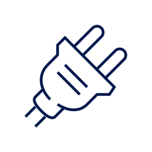 Ein stilisiertes Symbol eines Stromsteckers auf transparentem Hintergrund.