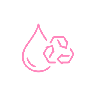 Ein rosa Icon zeigt einen Wassertropfen neben einem Recycling-Symbol mit drei Pfeilen.